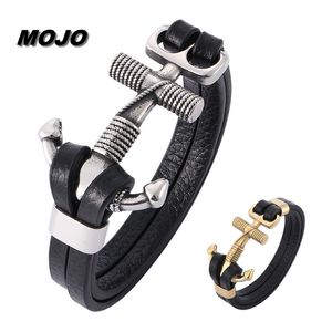 Hip Hop Men Style Guld och Silver Plated Titanium Steel Anchor Charm Armband Svart Läder Bracelets Smycken