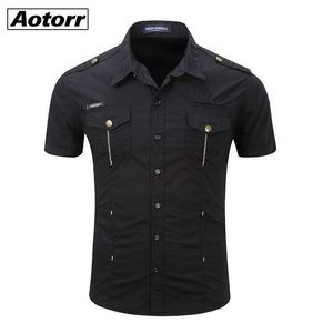 Uniforme militare da uomo Abito a maniche corte Camicie di cotone Camicie da lavoro Casual Top da uomo Button-down Patch Tasca sul petto Risvolto 210721