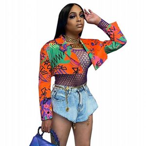 Damskie Garnitury Blazers Graffiti Drukowane Hipster Blazer Kurtki Dla Kobiet Seksowna Nota Neck Długi Rękaw Cropped Coat StreetWeear Orange Short