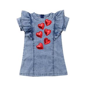 Nowe Cute Kid Baby Girls 3D Heart Pageant Denim Casual Summer Dress Sundress Q0716