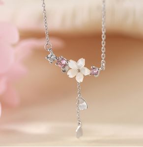 Gümüş Kristal Kabuk Kiraz Çiçekleri Charm Kolye Kadınlar için Gerdanlık Collares Düğün Takı