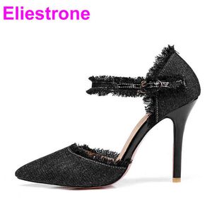 Dress Shoes New Sexy Black Blue Denim Women Nude Sandals Super High Heels Lady Stiletto Bridal KT3 Plus Big Small Size 12 31 43 47 220303