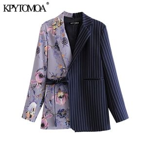 KPYTOMOA Kadınlar Moda Ofis Giymek Çiçek Baskı Patchwork Blazer Ceket Vintage Cepler Kemer Kadın Giyim Şık 210930 Tops