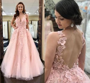 Pink Quinceanera Dresses 3D Floral Applique Beaded Backless V Neck Straps Floor Length A Line Sweet 16 Princess Prom Party Gown Vestido 401 401