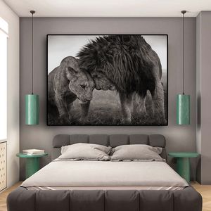 Leoni testa a testa in bianco e nero Canvas Art Painting Poster and Stampe Scandinavian Cuadros Wall Art Picture per soggiorno 210705