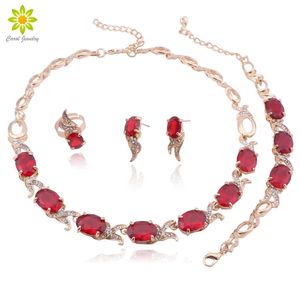 Exquisite Gold Color Women Wedding Necklace Earrings Ring Bracelet Red/Black/Blue/Green Zircon Crystal Costume Jewelry Sets H1022
