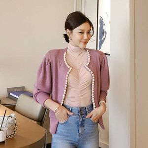 秋のファッション韓国の真珠のビーズカーディガン長袖ビンテージ女性のコート高品質のジャケット210529