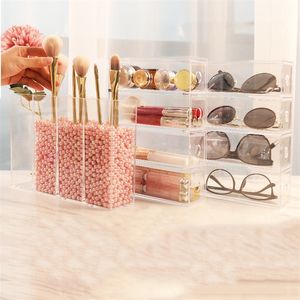 Multifunktion Arrangör Kosmetisk Förvaringslåda Transparent Akryl Läppstift Makeup Borste Glasögon Brevpapper Kontor Pen Case 210315