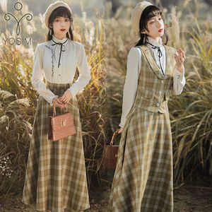 Yosimi Spring花刺繍3ピース女性衣装フルスリーブホワイトシャツと格子縞のスカートベスト女性3個セット210604