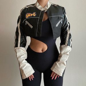 Women PU Leather Motorcycle Jacket Fashion Patchwork Waistless Tooling Short Outerwear Designer Winter Hip Hop Zipper Crop Coats For Ladies