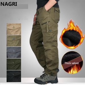 Män lastbyxor fleece tjock varm multi pocket höst vinter militär armé zip raka slacks långa byxor outwear sport 210715