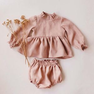 Prenses Bebek Kız Giysileri Setleri İlkbahar Sonbahar Keten Pamuk Kız Bluz + Alt Şort 0-2 Y Bebek Kız Giyim Kıyafetleri 210315