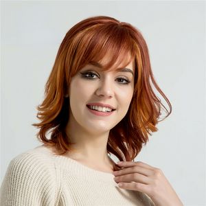 Reddish Brown Wavy Synthetic Wigs with Bangs for Women Natural Soft Ombre Wig