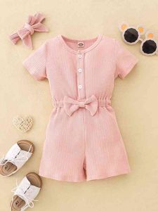 Baby Bow Front Half Button Romper & Headband SHE