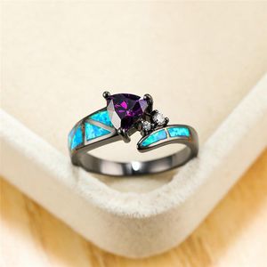 Alyans mavi opal geometrik nişan yüzüğü cazibesi kadın mor kristal taş vintage 14kt siyah altın renk kadınlar için