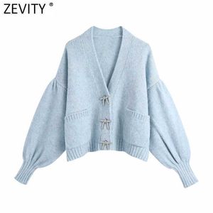 Zevity Women Fashion Solid Diamond Bow Buttons Leisure Knitting Sweater Femme Chic Lantern Sleeve Casual Cardigan Tops S632 210603