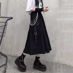 Gothic High Waist Cargo Kjolar Kvinna Harajuku Lös A-Line Pocket Midi Long Black Skirt Hip Hop Fashion Streetwear Oversize 210621