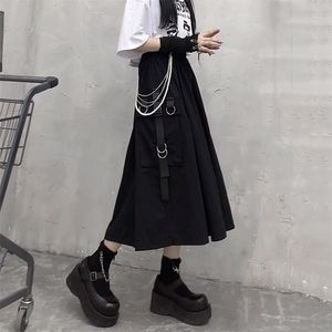 Gothic Hohe Taille Cargo Röcke Frau Harajuku Lose A-line Tasche Midi Lange Schwarz Rock Hip Hop Mode Streetwear OverSize 210621