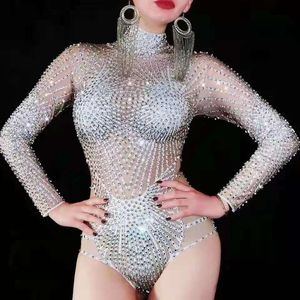 Stage Wear Strass Mulheres Estiramento Bodysuit Nightclub Bar Show Celebre Outfit Dança Almas Performance Traje
