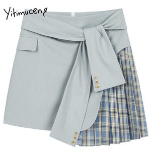 Yitimuceng oregelbunden patchwork plaid bandage kjol för kvinnor hög midja mini kläder sommar mode kjolar 210601