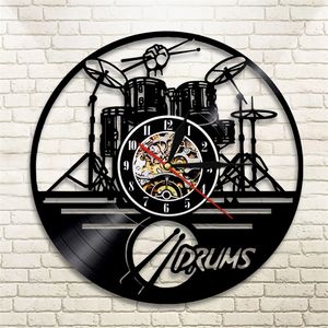 Gitarren-Schlagzeug-Set, Silhouette, LED-Hintergrundbeleuchtung, Uhr, Musik, moderne Vinyl-Uhr, 3D-Wanduhr, Horloge, Bandmitglied, Fan, handgefertigtes Geschenk 210310