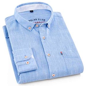 Мужская стандартная подходящая с длинным рукавом льняных хлопчатобумажных рубашек Одиночные патча карманные кнопки вниз летнее тонкое дыхание сплошные повседневные топы рубашки 210809