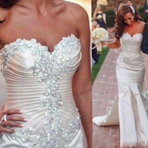 Weddding Gorgeous Mermaid Dresses Satin Crystals Beaded Wedding Gown Lace Applique Sweep Train Sweetheart Neckline Custom Made Vestido De Novia