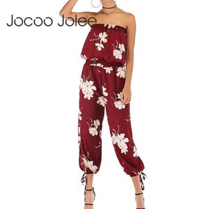 Jocoo Jolee Summer Boho Floral Print Jumpsuits Women Off Shoulder Elastic Waist Loose Jumpsuit Casual Beach Holiday Rompers 210619