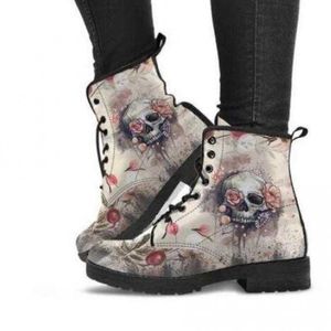 Kobiety Botki Kostki Niskie Obcasy Buty Kobieta Rocznika Pu Skóra Jesień Ciepła Zima Wysoka Snow Motorcycle Skull Pansy 210911