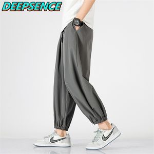 Four Seasons Ice Silk Pants Men Quick Drying Tie Feet Sports Trend Wild Drawstring Breathable Thin Nine Points 210715
