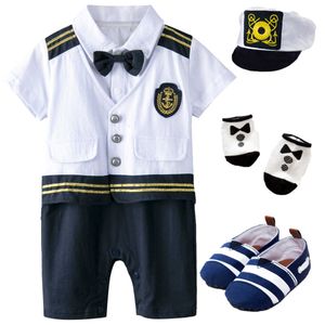 Baby Boys Captain Costume Romper Z Kapelusz Noworodka Niemowlę Halloween Cosplay Kombinezon Outfit Maluch Skipper Sailor Playsuit Q0910