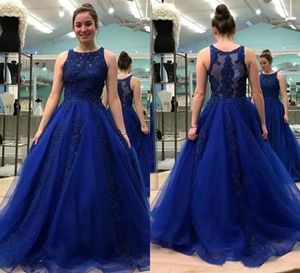 Royal Blue 2021 Prom Dresses Beaded Sleeveless Floor Length Tulle Jewel Neck Evening Gown Formal Party Wear Vestidos Custom Made
