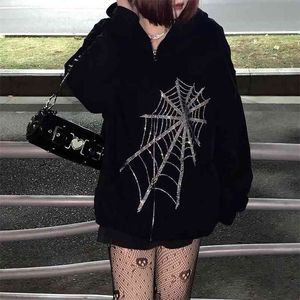 Gothic Black Punk Hooded Women Fairy Grunge Dark Academia Jacket Coat Harajuku Zipper Sweatshirts Emo Alt Clothing 210729