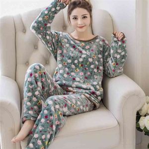 Mulheres de Inverno Quente Casual Nightdress Sleepwear Pijama Mujer Flannel Full-Manga Pijama Set Senhoras Homewear Pijamas Roupas 210809