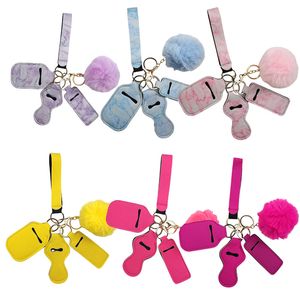100Set Neoprene Chapstick Holder Keychains with Wristlet Lanyard 30ML Sanitizer Bottle Cover Holder Lovely Hairball Party Gifts