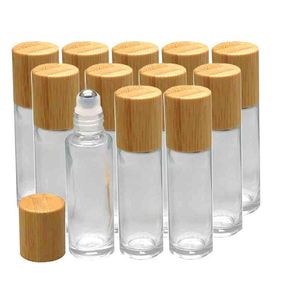 12 Stück 10-ml-Glasflaschen zum Aufrollen mit Bambusdeckel für ätherische Öle, transparente Parfümprobenflaschen mit Edelstahl-Rollkugel