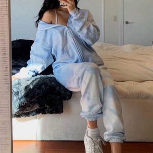 Jogging Suit Women Tracksuit Two Piece Tie Dye Printed Lounge Wear Set Long Sleeve Hoodies and Trousers Casual Sweatsuit T200831