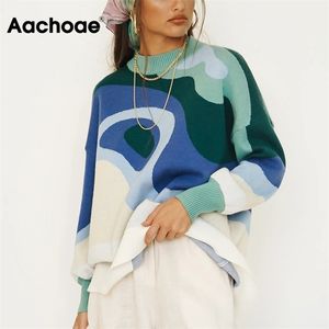 Aachoae Autumn Women Chic Printed Sweaters Vintage Batwing Long Sleeve O Neck Jumper Tops Female Fashion Casual 210914