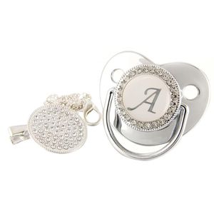 Pacifiers # Initial Letters Bling Baby Pacifier Silver 26 Brev Silikon Pacifiers Med Rhinestone Clip Spädbarn Nippel Dusch Present