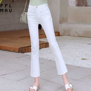 Skinny White Stretch Flare Jeans Kobiety Podstawowe Spodnie Długość Długość Bell Dolne Koreański Styl Slim High Waist Spodnie Kobiet 211115