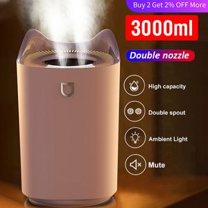 Air humidificador duplo bocal 3l umidificadores usb aroma com coloful led luz ultra-sônica difusor de aromaterapia