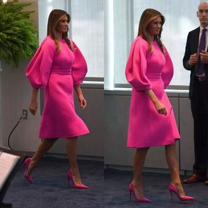 Einfache kurze A-Linie Kleider für die Brautmutter 2022, Fuchsia, bauschig, 3/4 lange Ärmel, Satin, formelles Hochzeitsgast-Partykleid, Abendkleid für die Mutter des Bräutigams