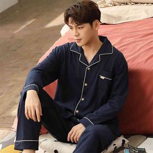 Pijama dos homens de outono 100% algodão de manga completa mens colarinho de gola homewear estilo simples fino cor sólido conforto sleepwear 210901
