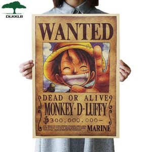 DLKKLB Wohnkultur Wandaufkleber Einteiler Poster Luffy Wanted Vintage Kraftpapier Anime Posterbar Dekor Malereien 51 x 35 cm H1110