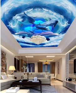 Personalizado 3d tetos onda golfinho teto mural moderno papel de parede para sala de estar