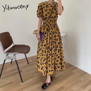 Yitimuceng Leopard Vestidos para Mulheres Cintura Alta Buff Manga Blue Azul Amarelo Preto Sundress Verão Moda Midi Vestido 210601