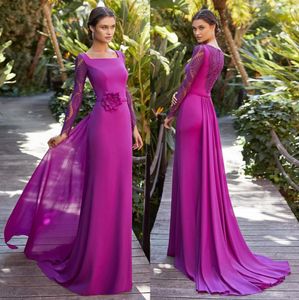 Fuchsia Lace Sheath Mother Of The Bride Dresses Long Sleeves Square Neck Evening Gowns With Flower Sash Sweep Train Chiffon Wedding Guest Dress