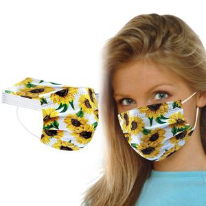 Vuxna engångsmaskar Solrosor Skyddande andningsbar Tre-Layer Meltblown Tyg Utskrift Dammsäker Anti-Fog Unisex Facemask