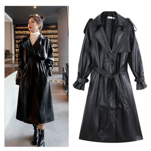 Damen-Trenchmäntel, modischer Ledermantel für Damen, Langarm, Revers, lockere Passform, Herbst, schwarze Kleidung, Streetwear, Oberbekleidung, Frühling und Herbst