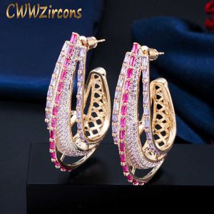 Lyxig geometrisk rund cirkel Lila Rosa Cubic Zirconia Crystal Long Big Statement Hoop Örhängen för Kvinnor CZ747 210714